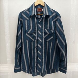 Vintage Rustler Shirt Mens L Gray Blue Striped Western Pearl Snap X-Long Tails 9